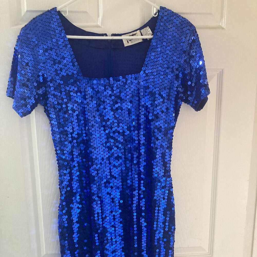 Vintage Lime Night Blue Sequins Dress Size 12